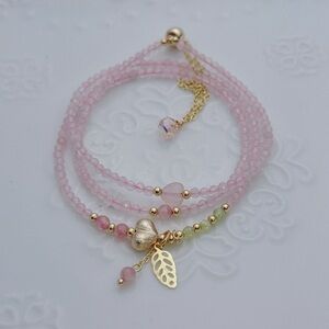 GB64 Handmade Rose Quartz Triple Layers Bracelet Necklace 2in1